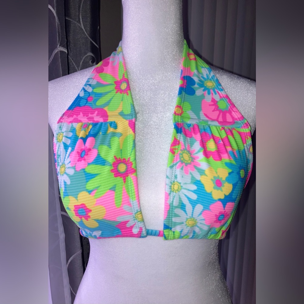 ❤️Xhiliration Hot Pink Aqua Floral Flower detail Halter Juniors Bikini Top Lg